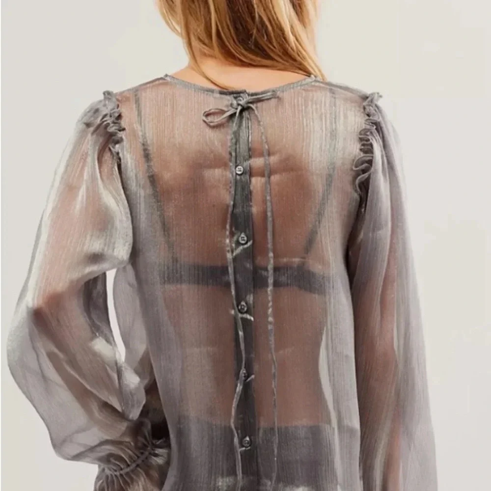 NWT Free People Freya Frost Top Metallic Silver Gray Sheer Long Sleeve Ribbon SP